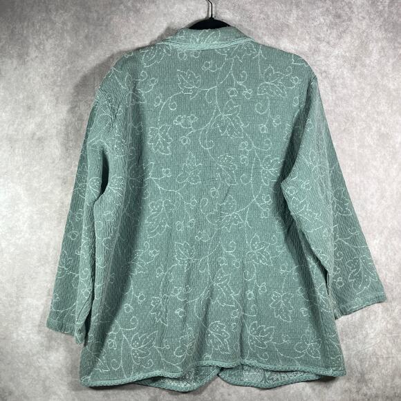 Hot Cotton Blazer Jacket Women 2X Green Floral Quilted Button Front Mature Artsy - Picture 4 of 9